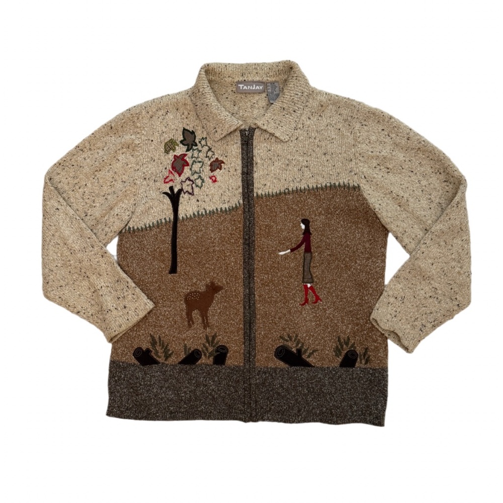 Vintage Autumn Scene Embroidered Tanjay Cardigan Zip Sweater Size M